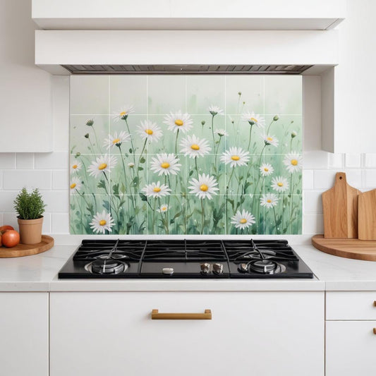 Daisy Flower Tile Mural – Cottagecore Kitchen Backsplash, Botanical Wall Art
