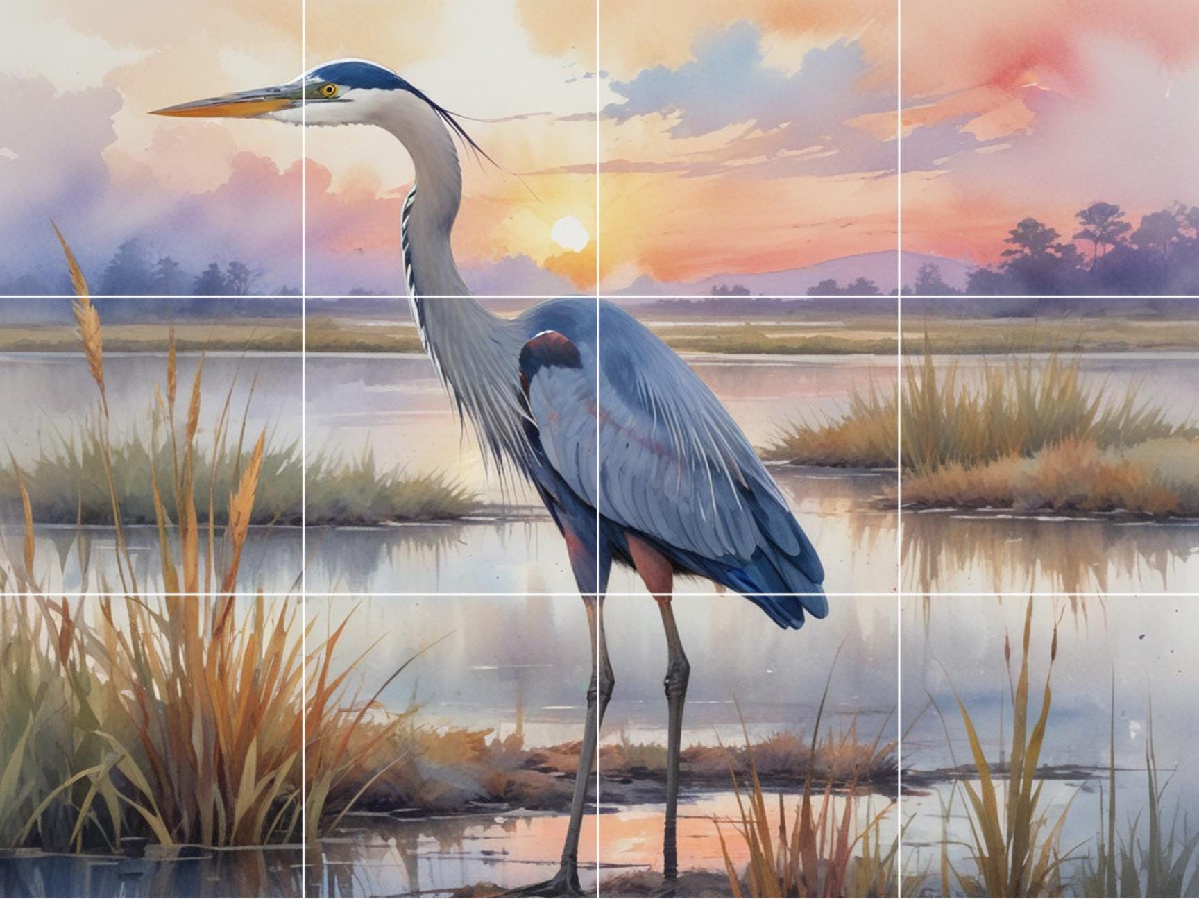 Blue Heron Tile Mural – Glossy Ceramic Bird Wall Art, Sunset Lake Nature Scene