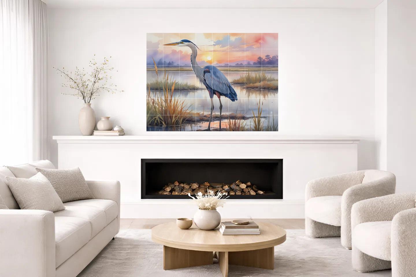 Blue Heron Tile Mural – Glossy Ceramic Bird Wall Art, Sunset Lake Nature Scene