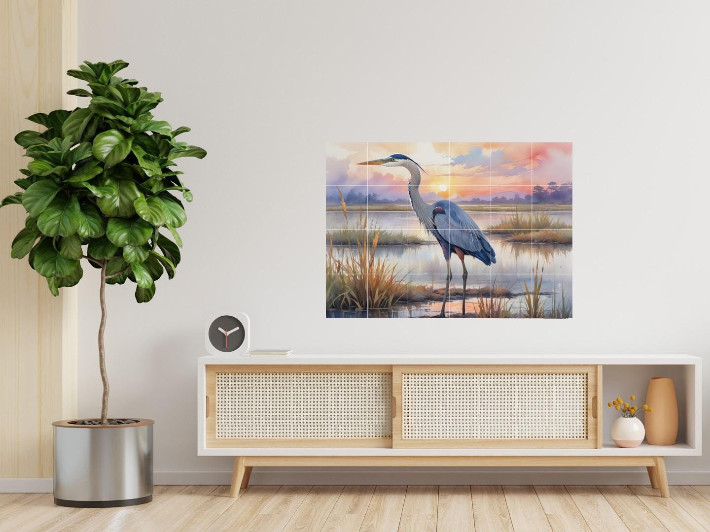Blue Heron Tile Mural – Glossy Ceramic Bird Wall Art, Sunset Lake Nature Scene