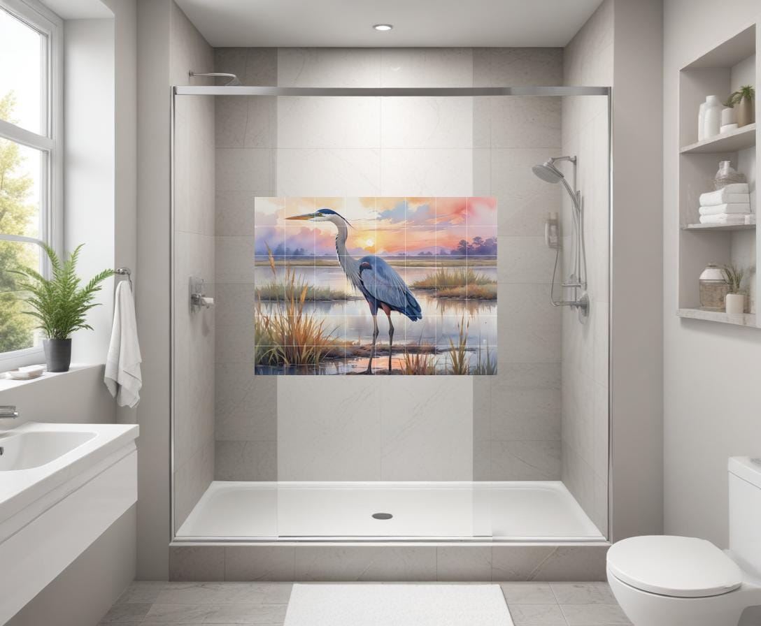 Blue Heron Tile Mural – Glossy Ceramic Bird Wall Art, Sunset Lake Nature Scene