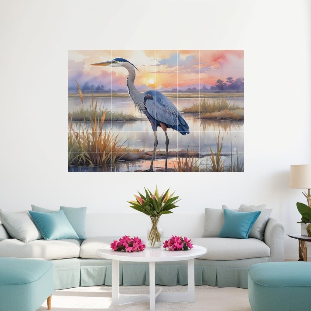 Blue Heron Tile Mural – Glossy Ceramic Bird Wall Art, Sunset Lake Nature Scene