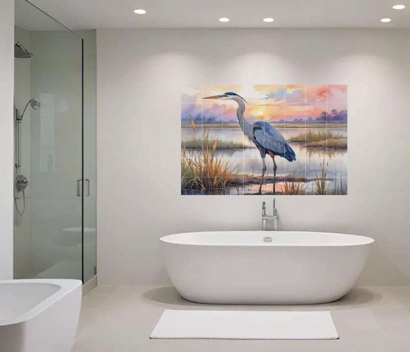 Blue Heron Tile Mural – Glossy Ceramic Bird Wall Art, Sunset Lake Nature Scene