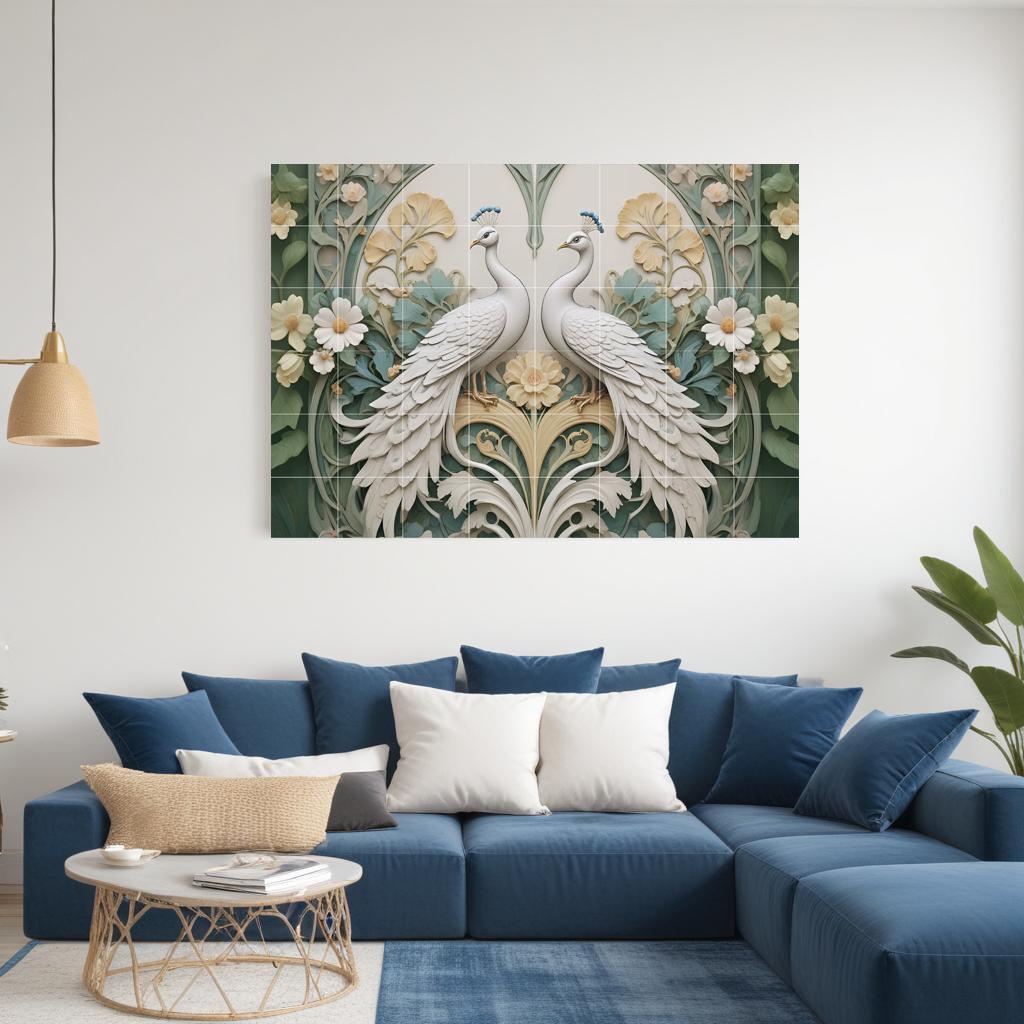 Peacock Tile Mural – Art Nouveau Floral Ceramic Wall Art, Botanical Bird Decor