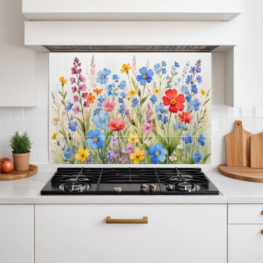 Wildflower Meadow Flower Tile Mural – Watercolor Ceramic Botanical Kitchen Backsplash Floral Bathroom Decor