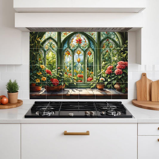 Floral Garden Window Tile Mural – Botanical Mosaic Backsplash, Ceramic Flower Bathroom Wall Art