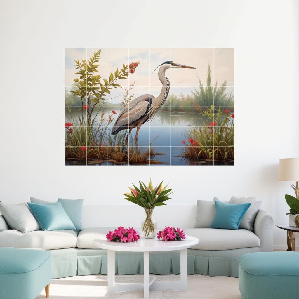 Heron Bird Wall Art Tile Mural – Coastal Wildlife, Kitchen Backsplash & Bathroom Botanical Decor