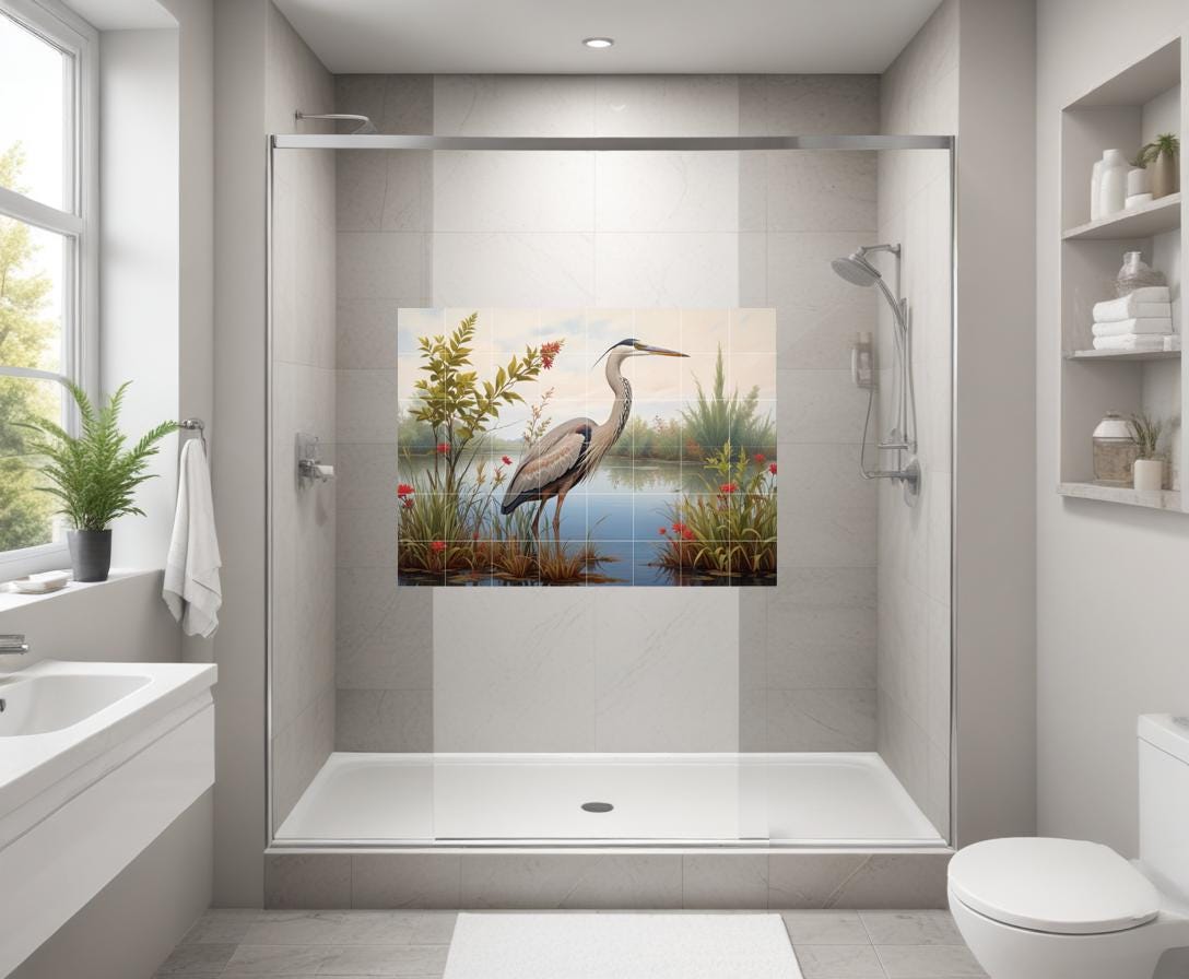 Heron Bird Wall Art Tile Mural – Coastal Wildlife, Kitchen Backsplash & Bathroom Botanical Decor