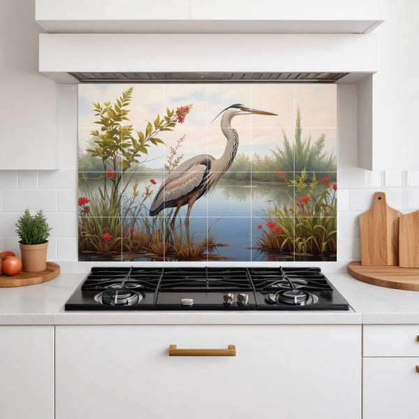Heron Bird Wall Art Tile Mural – Coastal Wildlife, Kitchen Backsplash & Bathroom Botanical Decor