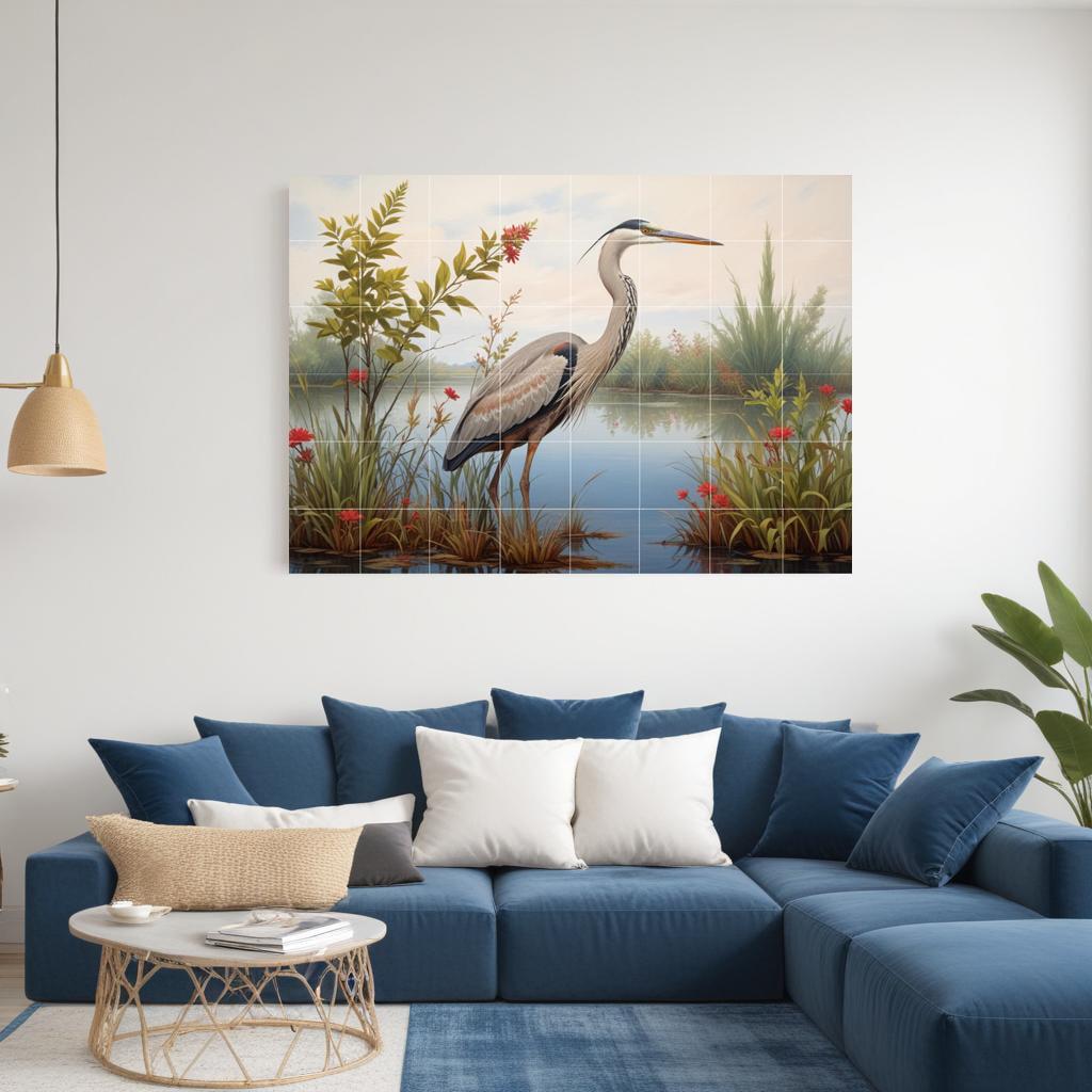 Heron Bird Wall Art Tile Mural – Coastal Wildlife, Kitchen Backsplash & Bathroom Botanical Decor
