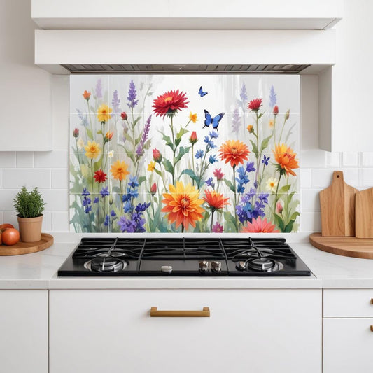 Wildflower Butterfly Tile Mural – Meadow Floral Botanical Wall Art, Kitchen & Bathroom Nature Decor