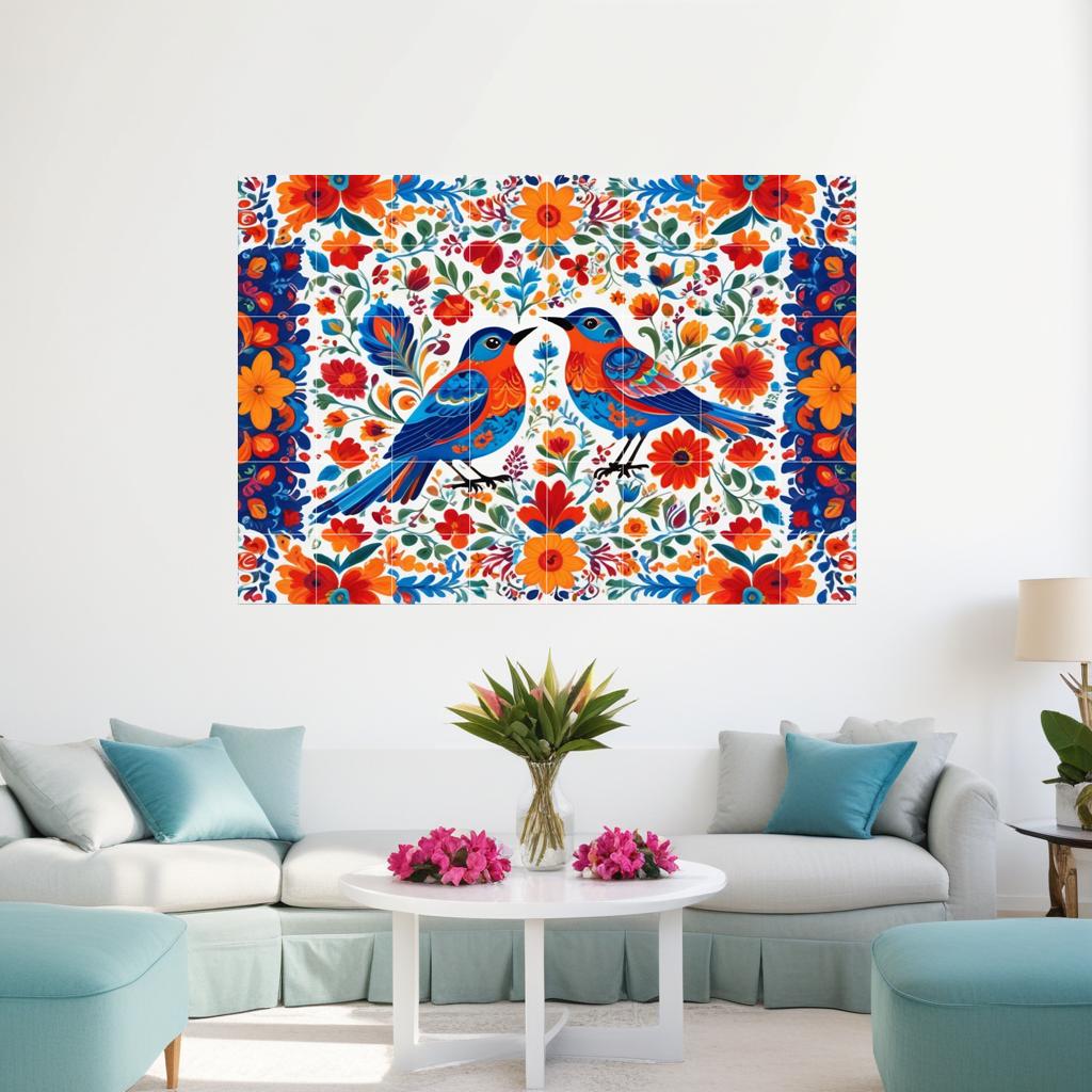 Bird Floral Mexican Talavera Tile Mural – Colorful Ceramic Botanical Wall Art, Kitchen & Bathroom Decor