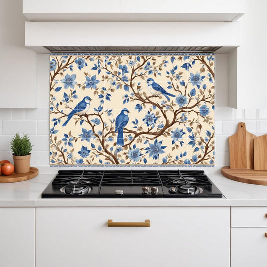 Bird & Floral Tile Mural – Botanical Wall Art, Nature Kitchen Bathroom Decor