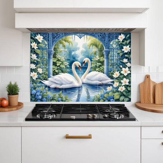 Swan Tile Mural – Bird & Floral Ceramic Backsplash, Nature Botanical Wall Art