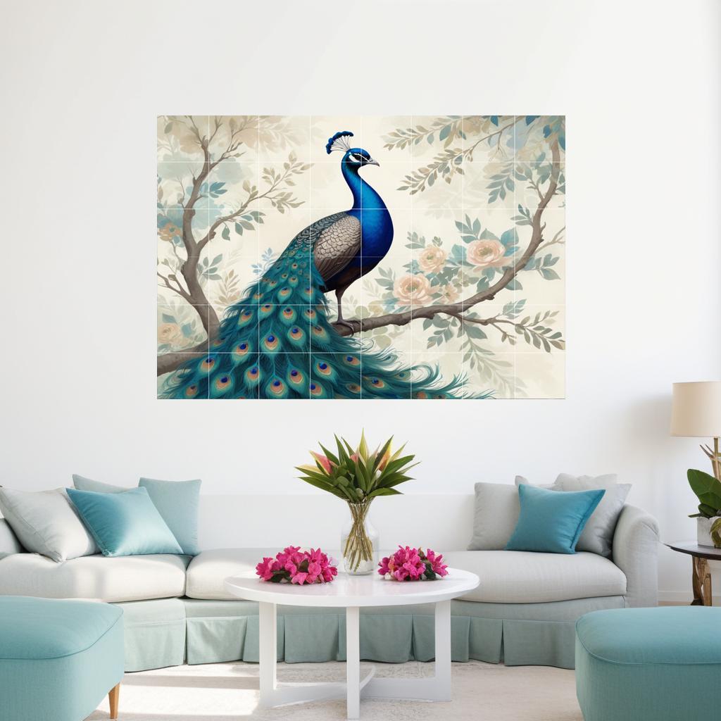 Peacock Floral Tile Mural – Botanical Bird Ceramic Wall Art, Elegant Nature Bathroom & Kitchen Backsplash