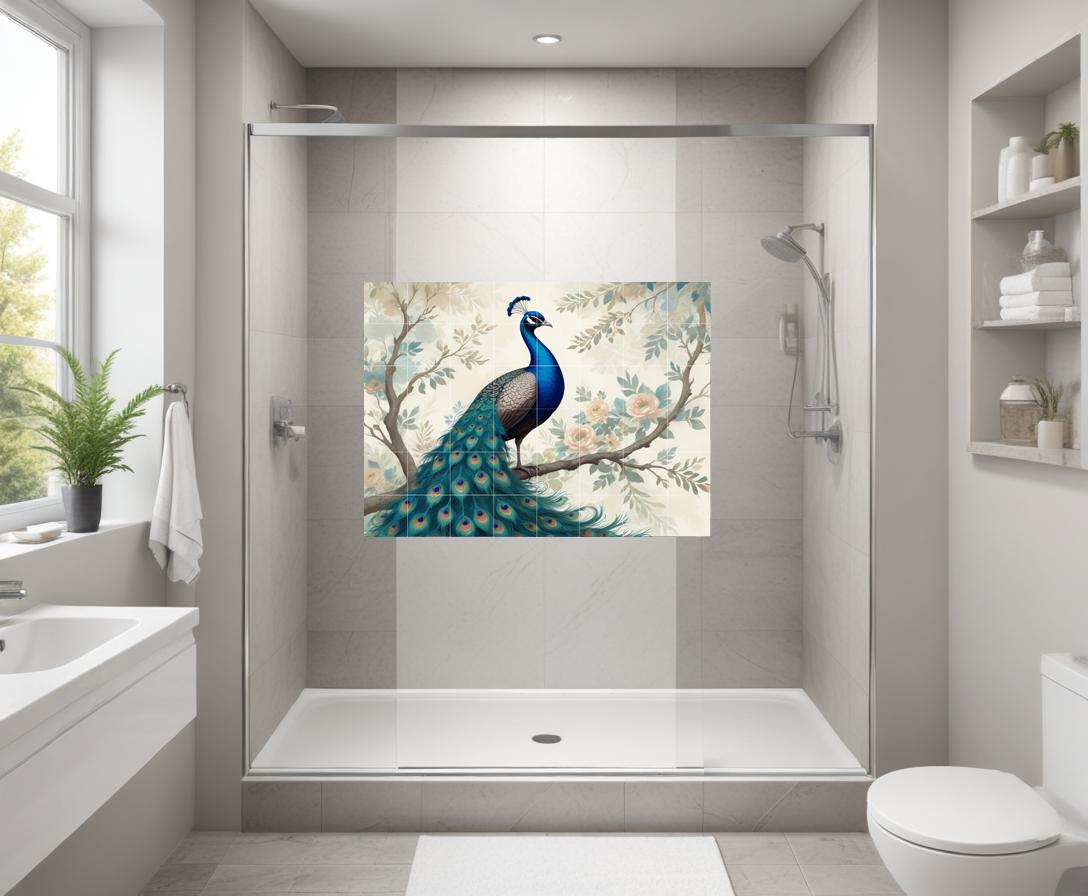 Peacock Floral Tile Mural – Botanical Bird Ceramic Wall Art, Elegant Nature Bathroom & Kitchen Backsplash