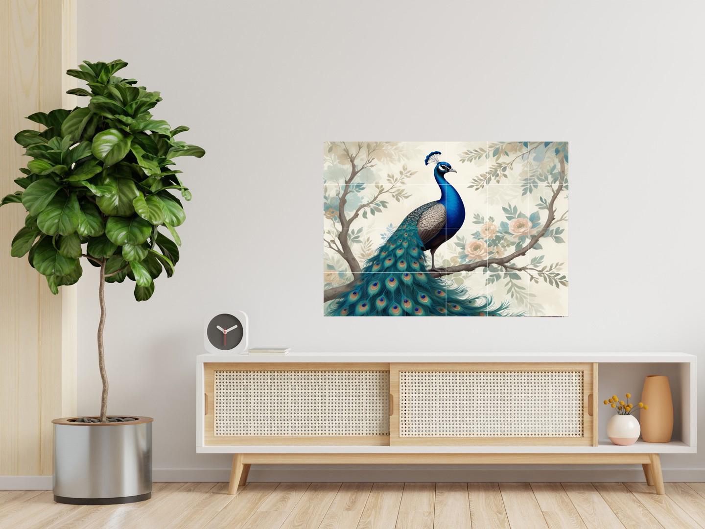 Peacock Floral Tile Mural – Botanical Bird Ceramic Wall Art, Elegant Nature Bathroom & Kitchen Backsplash