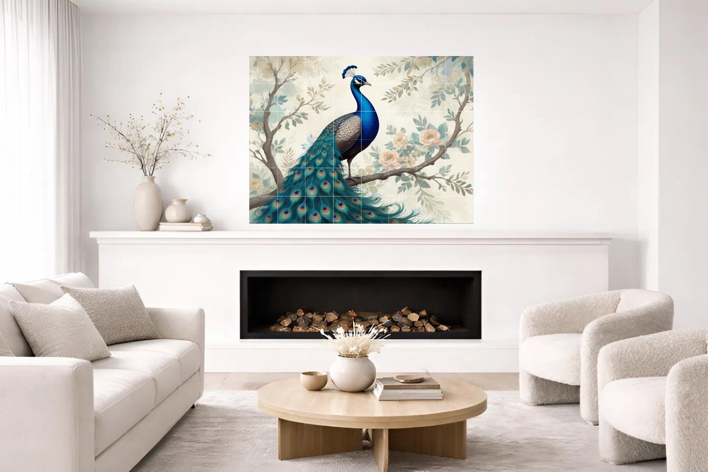 Peacock Floral Tile Mural – Botanical Bird Ceramic Wall Art, Elegant Nature Bathroom & Kitchen Backsplash
