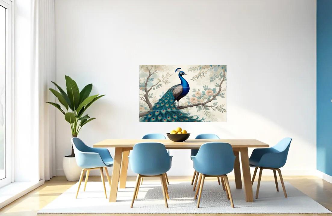 Peacock Floral Tile Mural – Botanical Bird Ceramic Wall Art, Elegant Nature Bathroom & Kitchen Backsplash