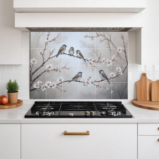 Cherry Blossom Bird Tile Mural – Floral Botanical Wall Art, Nature Bathroom & Kitchen Backsplash Decor