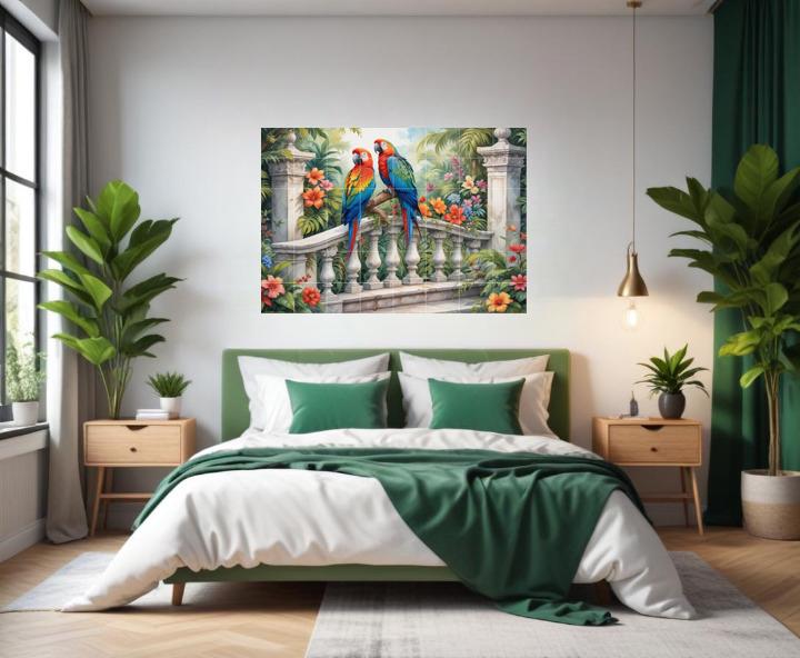 Parrot Bird Tile Mural – Tropical Botanical Ceramic Jungle Wall Art