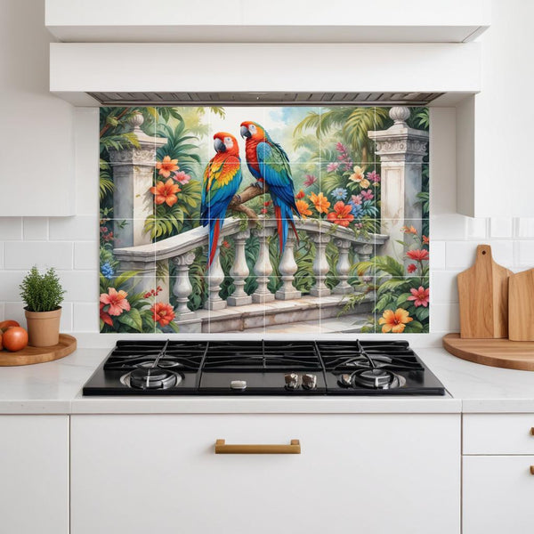 Parrot Bird Tile Mural – Tropical Botanical Ceramic Jungle Wall Art