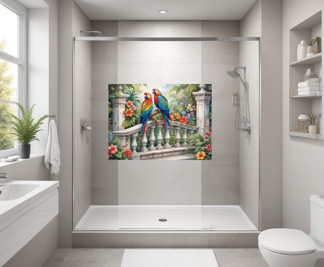 Parrot Bird Tile Mural – Tropical Botanical Ceramic Jungle Wall Art