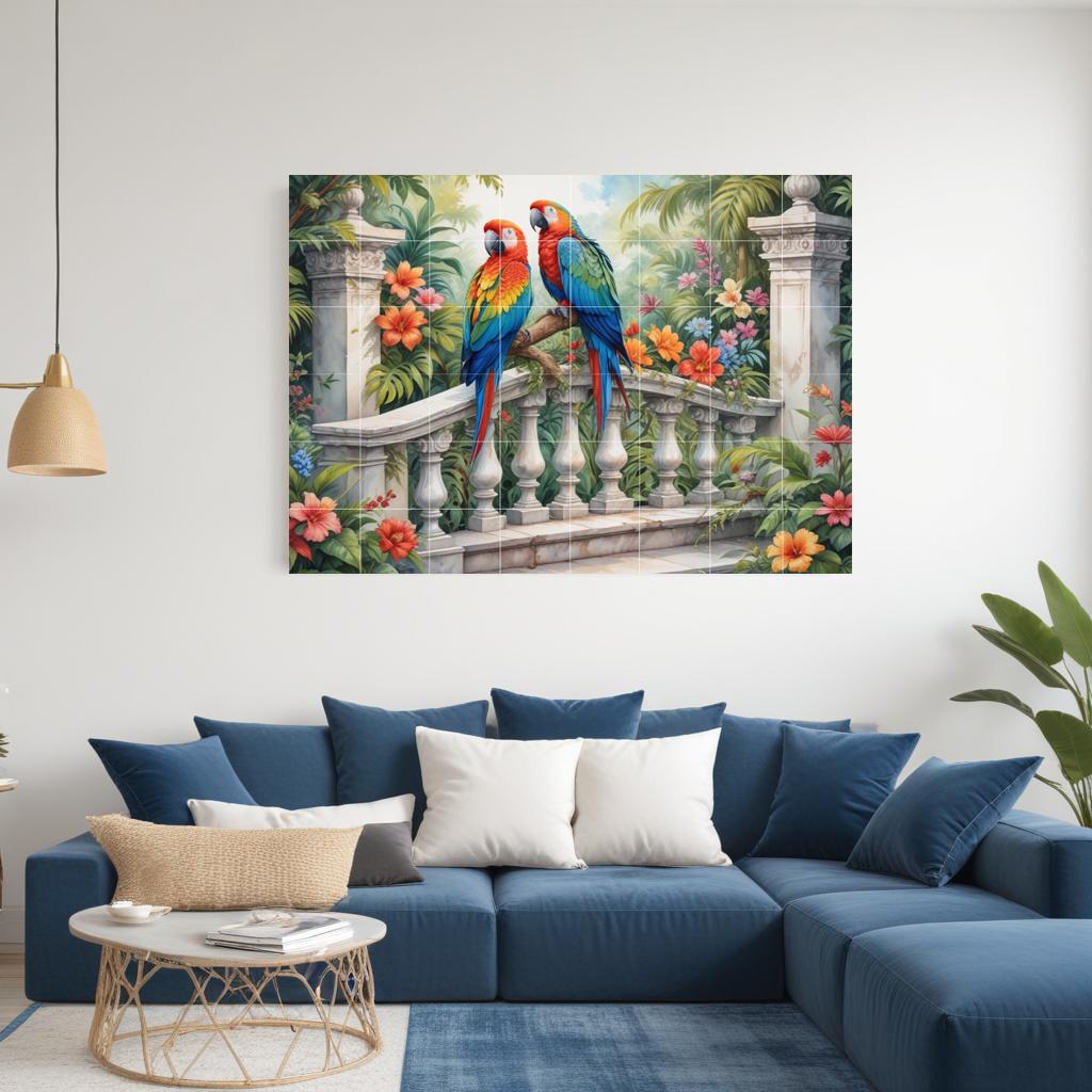 Parrot Bird Tile Mural – Tropical Botanical Ceramic Jungle Wall Art