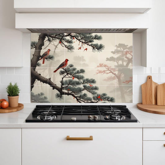 Bird Tile Mural – Misty Forest Ceramic Backsplash bathroom Nature Wall Art
