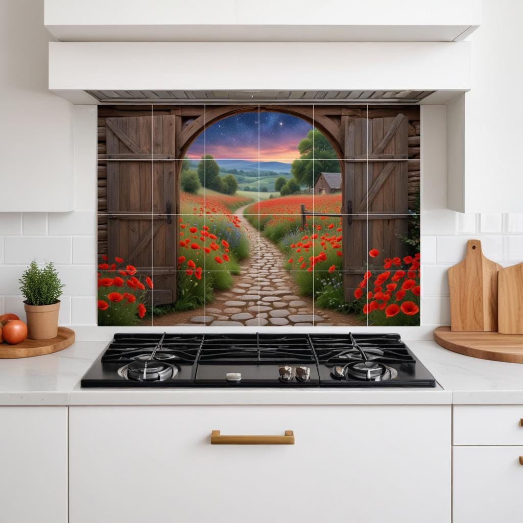 Poppy Field Tile Mural – Sunset Landscape Ceramic Backsplash Botanical Flower Door Wall Art