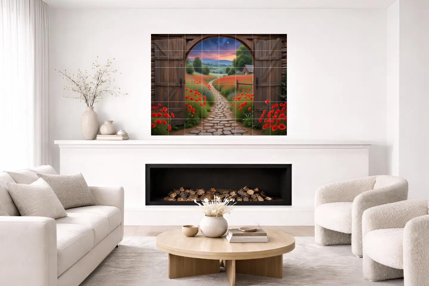 Poppy Field Tile Mural – Sunset Landscape Ceramic Backsplash Botanical Flower Door Wall Art