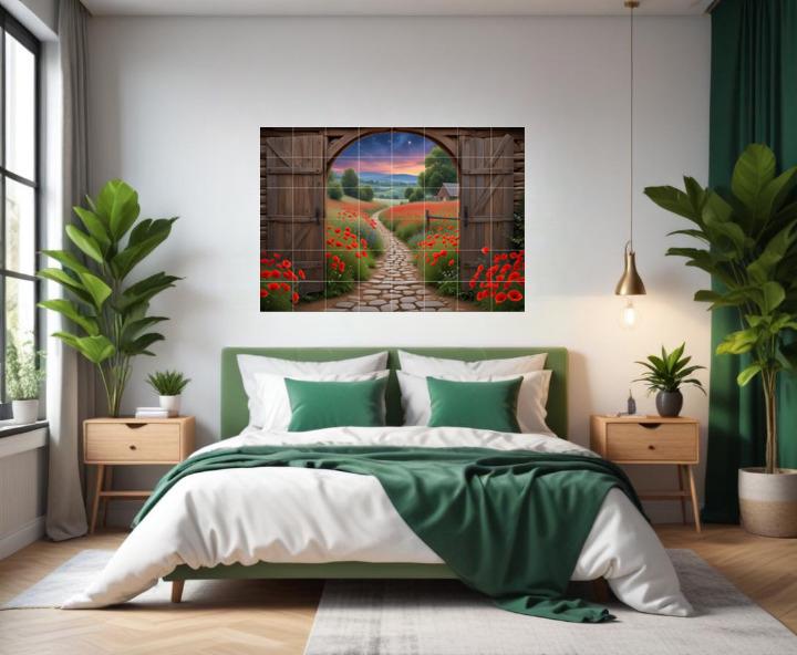 Poppy Field Tile Mural – Sunset Landscape Ceramic Backsplash Botanical Flower Door Wall Art