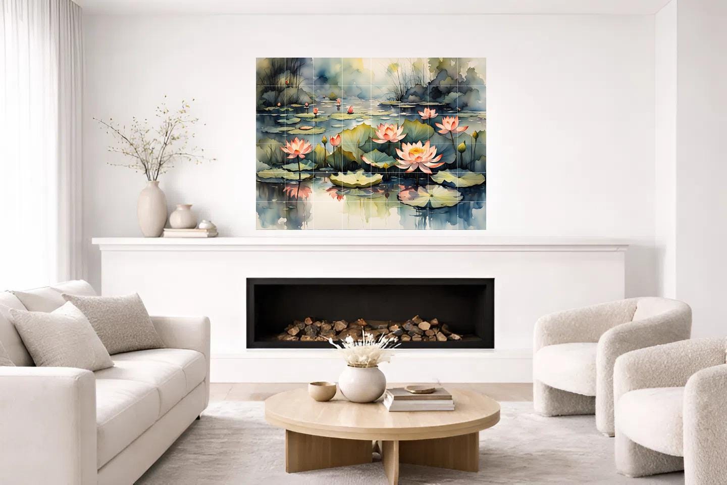 Lotus Flower Tile Mural – Zen Botanical Ceramic Wall Art, Spa Bathroom & Kitchen Backsplash Decor