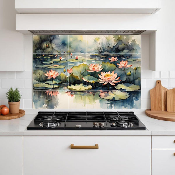 Lotus Flower Tile Mural – Zen Botanical Ceramic Wall Art, Spa Bathroom & Kitchen Backsplash Decor