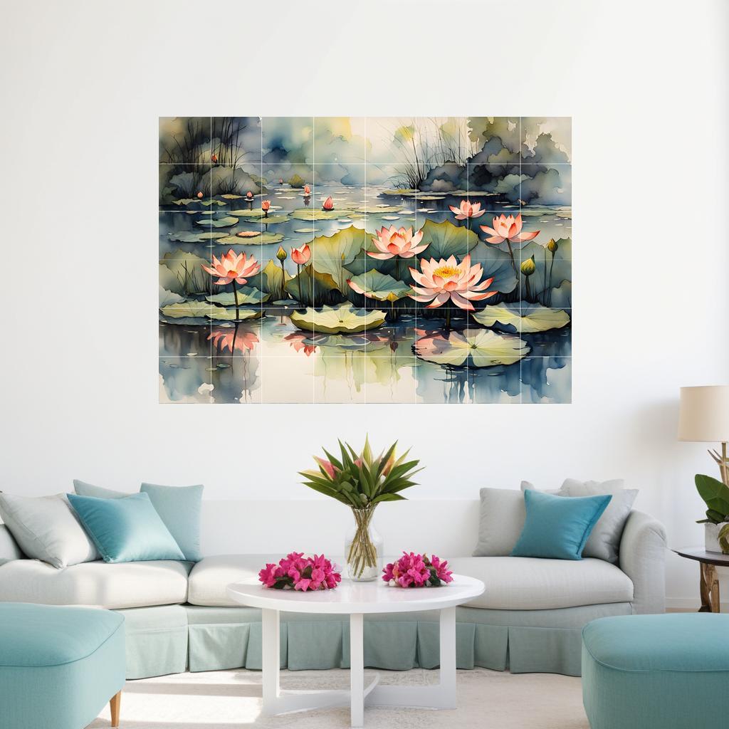 Lotus Flower Tile Mural – Zen Botanical Ceramic Wall Art, Spa Bathroom & Kitchen Backsplash Decor