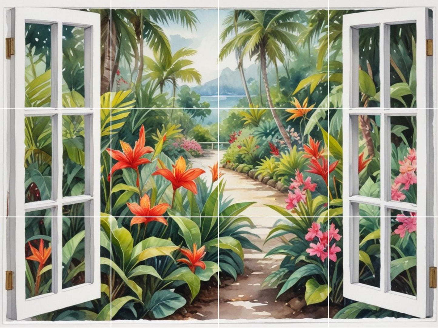 Tropical Palm Tree Tile Mural – Watercolor Garden Window View Coastal Botanical Wall Art
