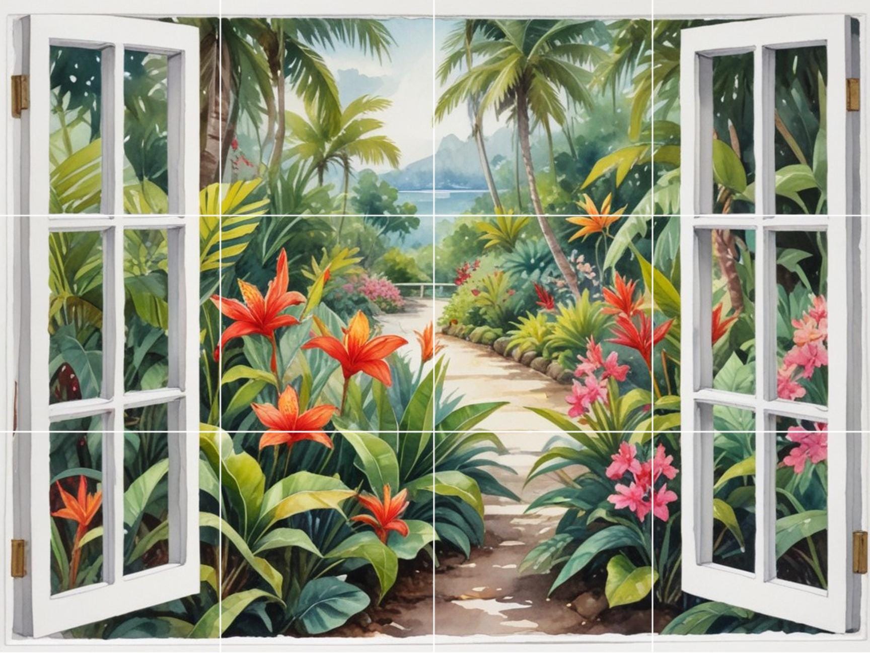 Tropical Palm Tree Tile Mural – Watercolor Garden Window View Coastal Botanical Wall Art