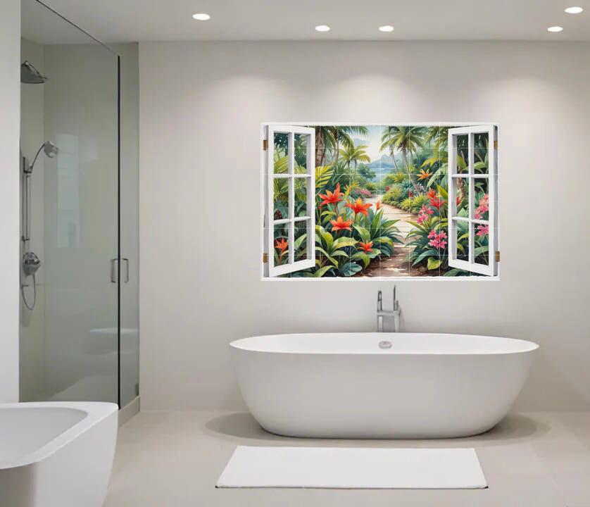 Tropical Palm Tree Tile Mural – Watercolor Garden Window View Coastal Botanical Wall Art