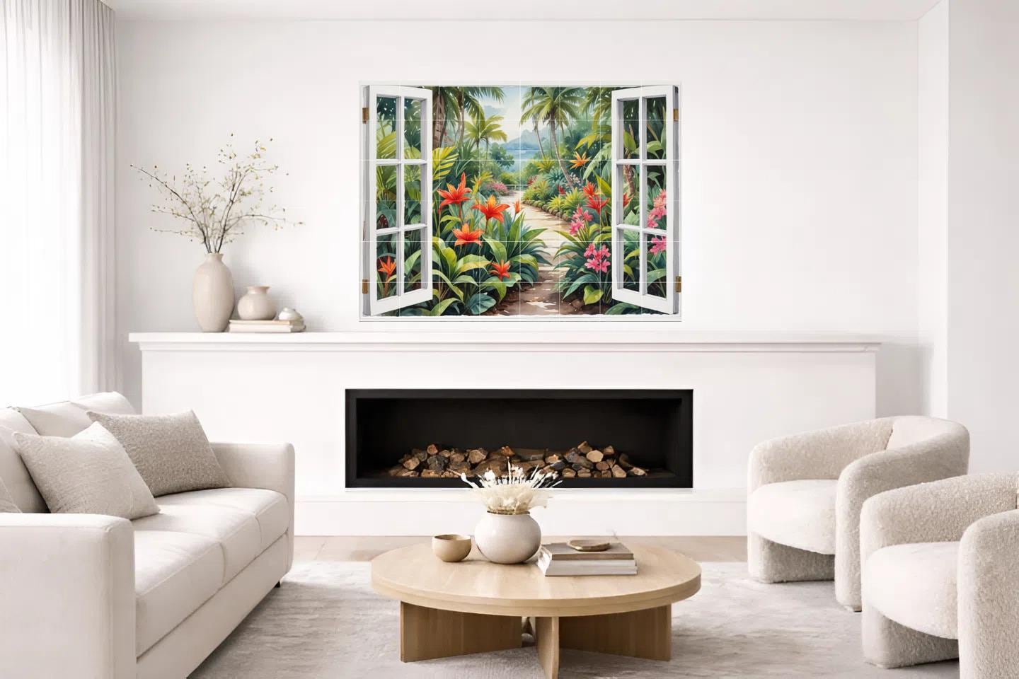 Tropical Palm Tree Tile Mural – Watercolor Garden Window View Coastal Botanical Wall Art