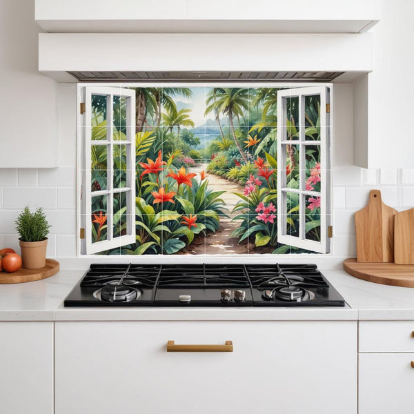 Tropical Palm Tree Tile Mural – Watercolor Garden Window View Coastal Botanical Wall Art