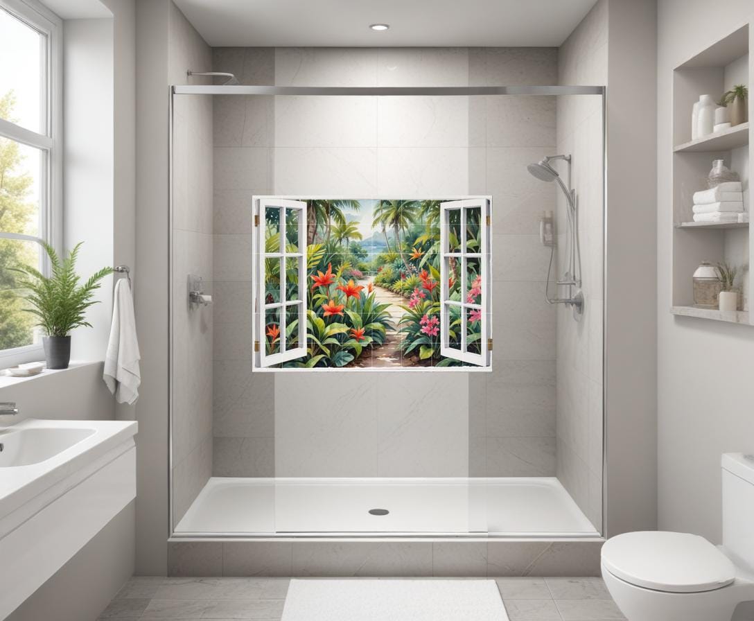 Tropical Palm Tree Tile Mural – Watercolor Garden Window View Coastal Botanical Wall Art