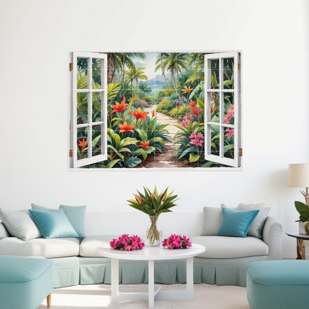 Tropical Palm Tree Tile Mural – Watercolor Garden Window View Coastal Botanical Wall Art