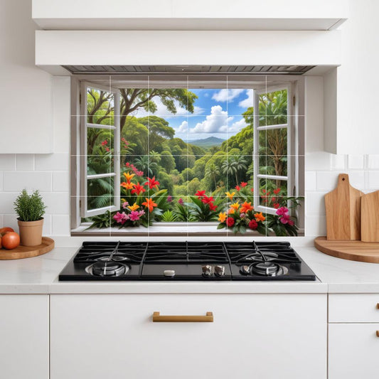 Tropical Window View Tile Mural – Botanical Floral Jungle Wall Art for Bathroom Kitchen Decor