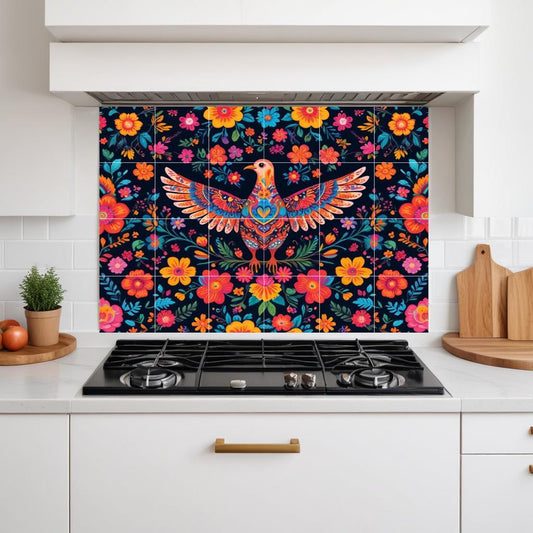 Mexican Tile Mural – Colorful Bird & Floral Talavera Wall Art, Vibrant Kitchen Backsplash Decor