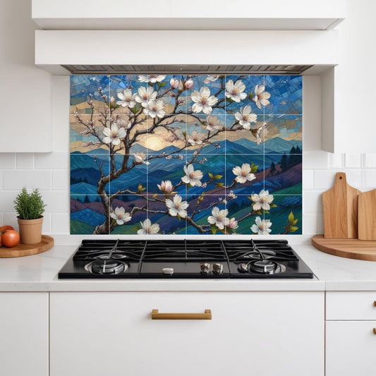 Japanese Cherry Blossom Tile Mural – Mountain Sunset Mosaic Wall Art, Floral Backsplash