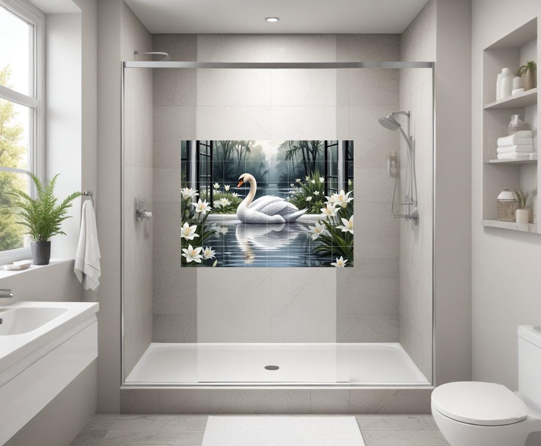 Swan Lake Window View Tile Mural – Bird Floral Wall Art for Bathroom Kitchen Decor