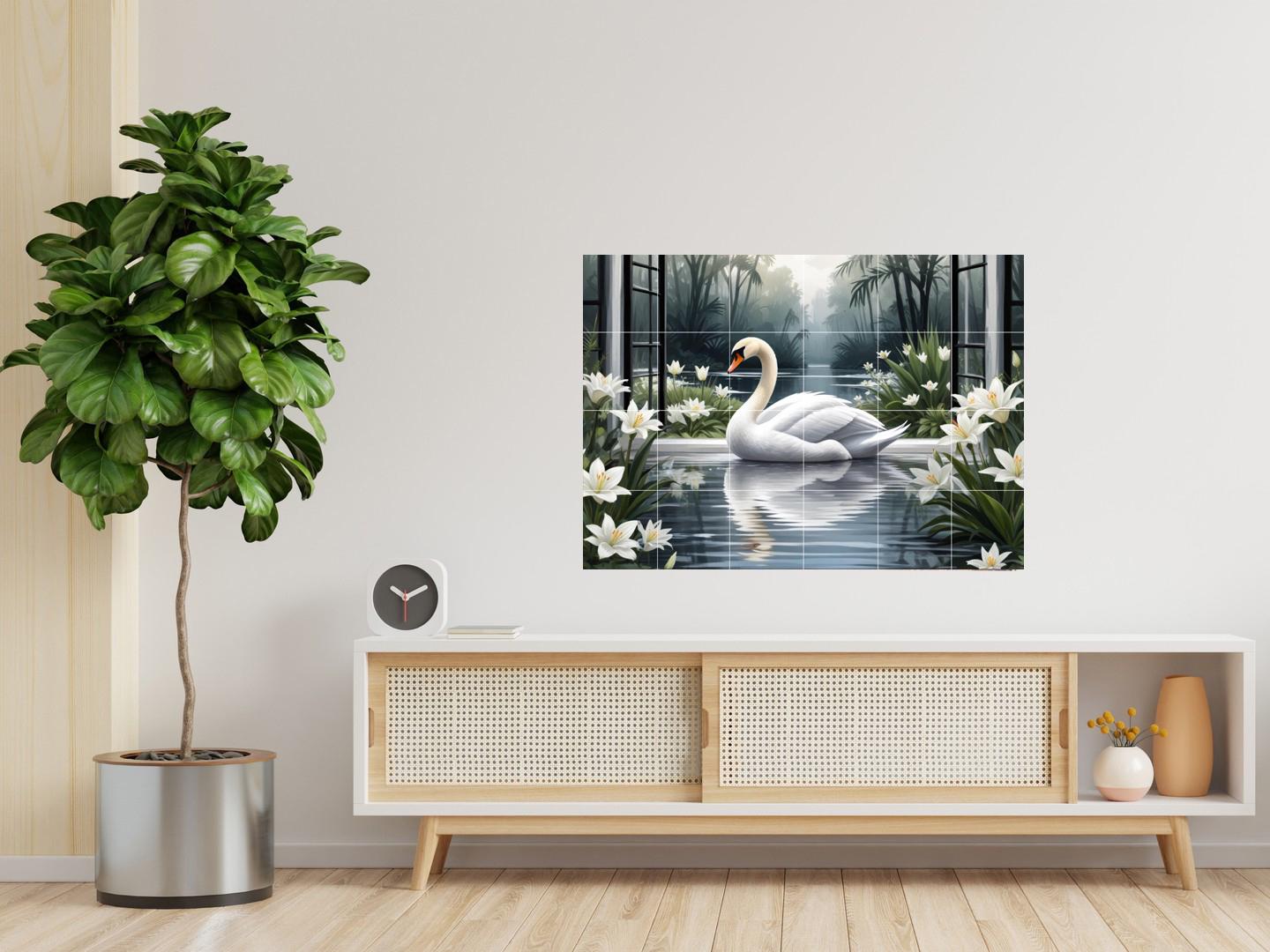 Swan Lake Window View Tile Mural – Bird Floral Wall Art for Bathroom Kitchen Decor