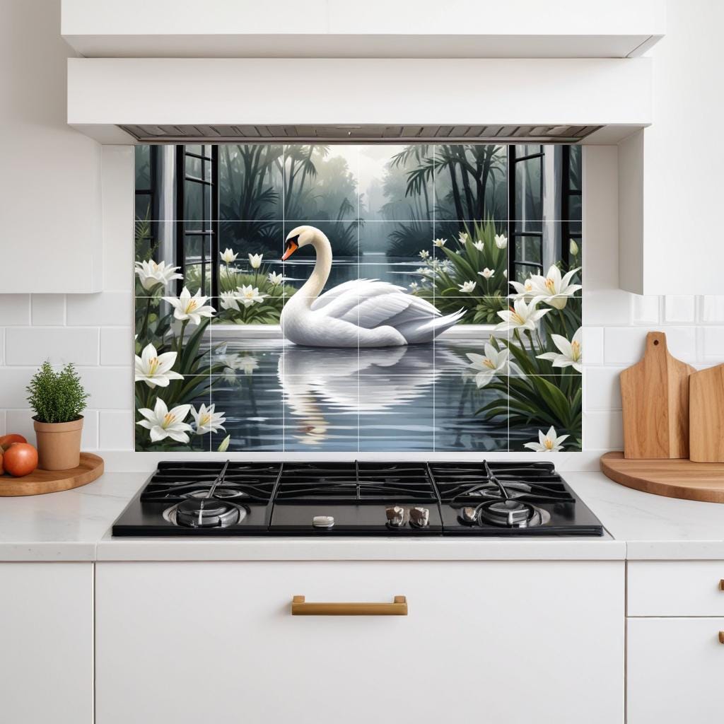 Swan Lake Window View Tile Mural – Bird Floral Wall Art for Bathroom Kitchen Decor