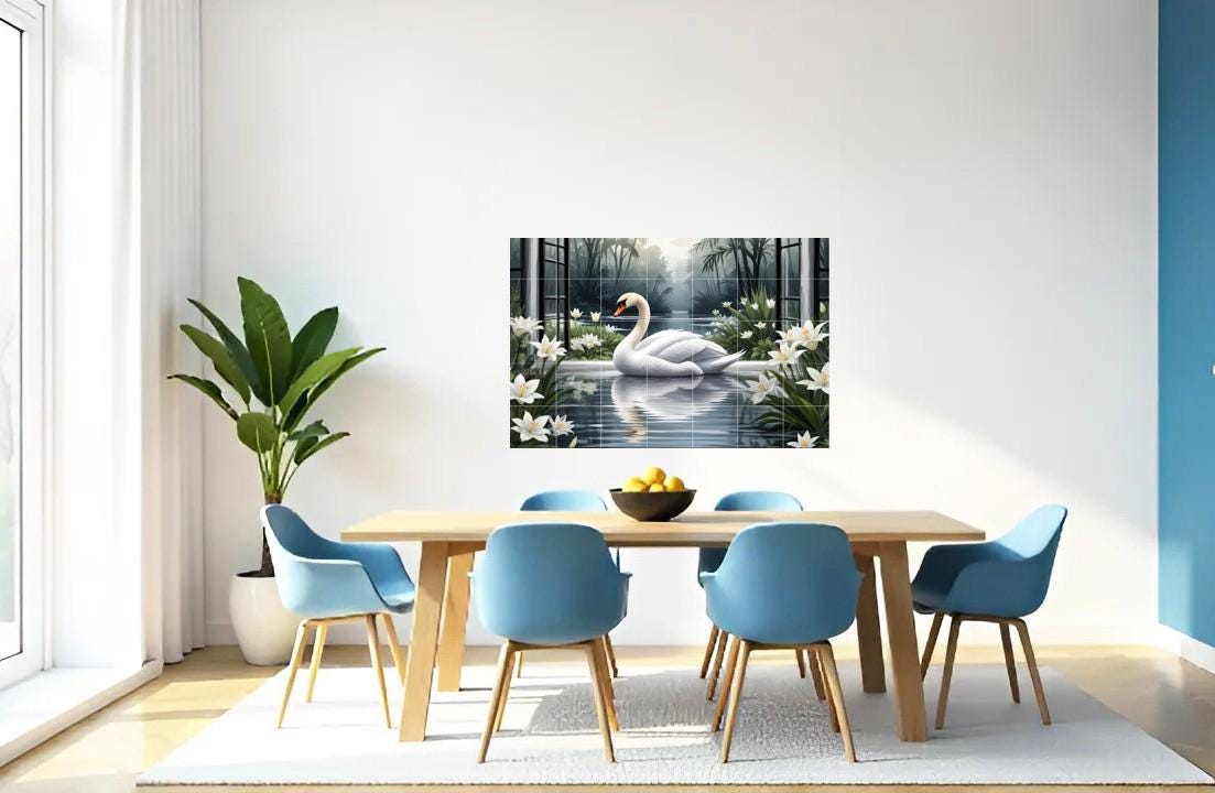 Swan Lake Window View Tile Mural – Bird Floral Wall Art for Bathroom Kitchen Decor