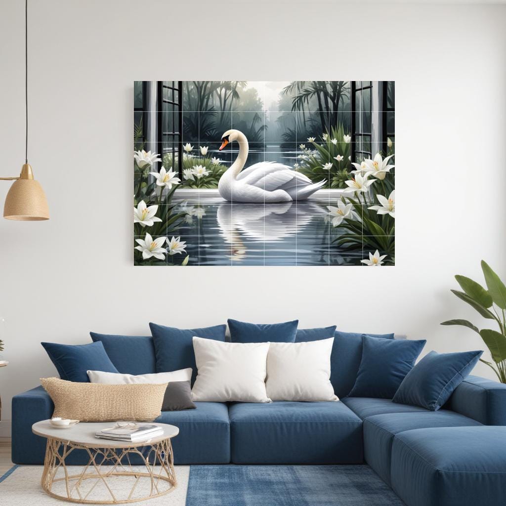 Swan Lake Window View Tile Mural – Bird Floral Wall Art for Bathroom Kitchen Decor